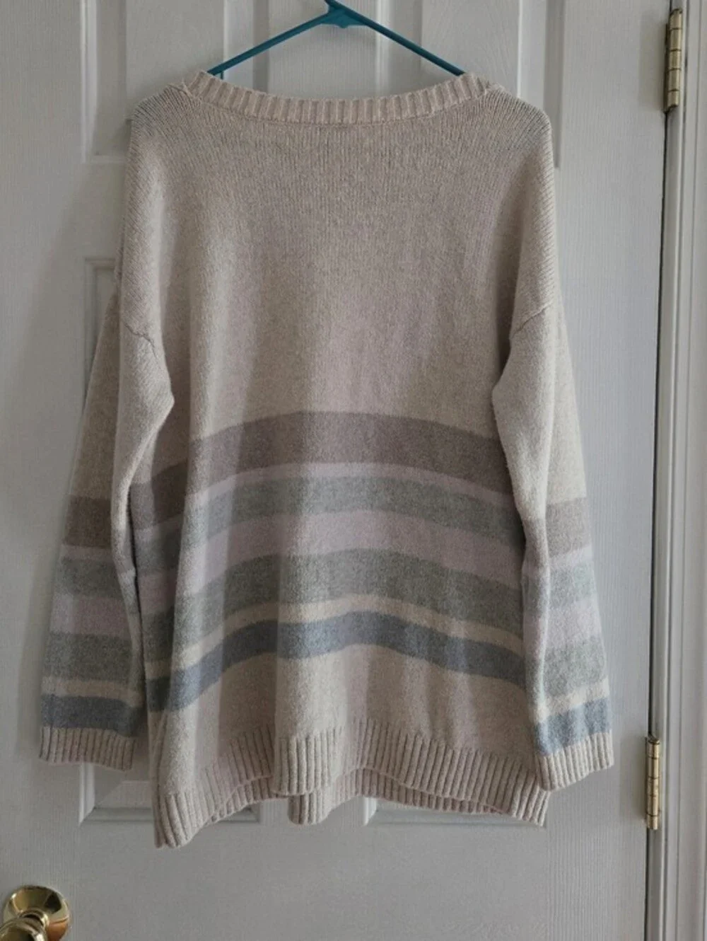 J. Jill Creamy Beige Large Striped Boat Neck Sweater with Pastel Accents